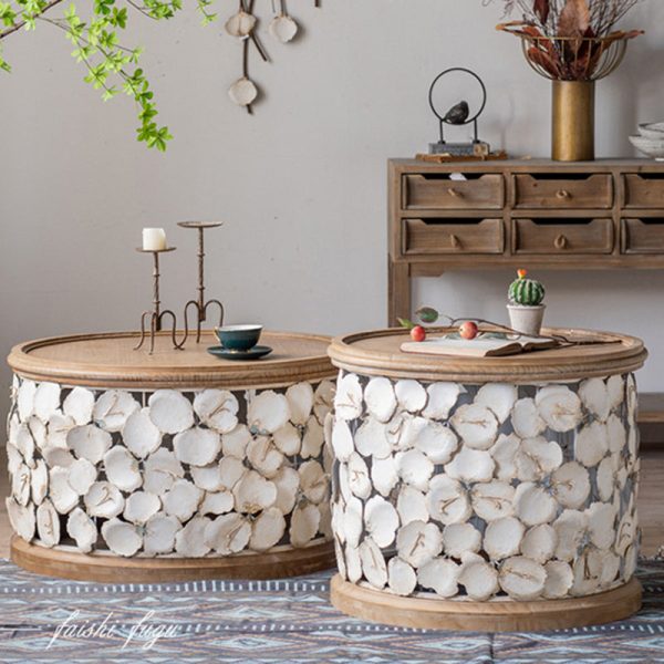 Modern Art Deco Round Petals Wood Iron Coffee Table 1-Tier For Living Room - Image 20