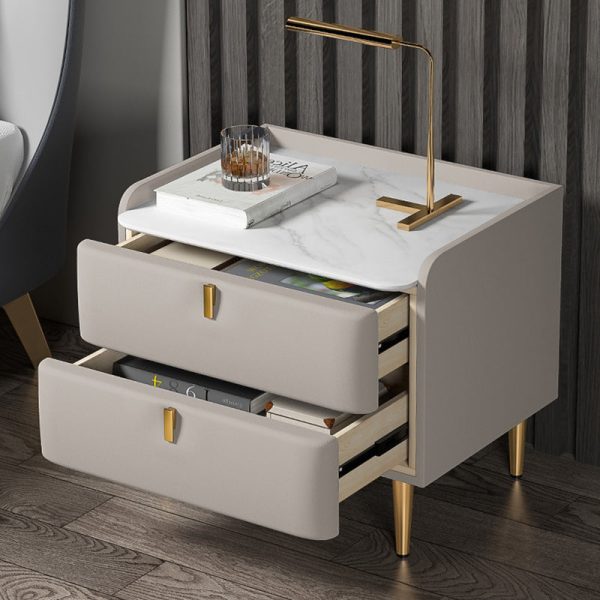 Modern Simplicity Rectangular Slab Leather Pine Wood Carbon Steel Nightstand 2-Drawer For Bedside - Image 17