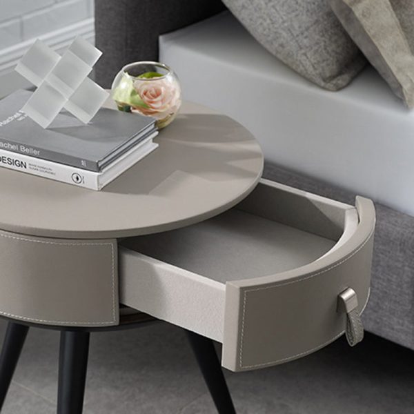 Modern Luxury Round Microfiber Leather Solid Wood Metal Nightstand 1-Drawer For Bedroom - Image 6