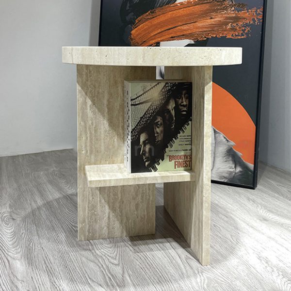 Contemporary Nordic Round Crossed Base Travertine Chrysoprase Side Table 2-Shelf For Bedside - Image 13