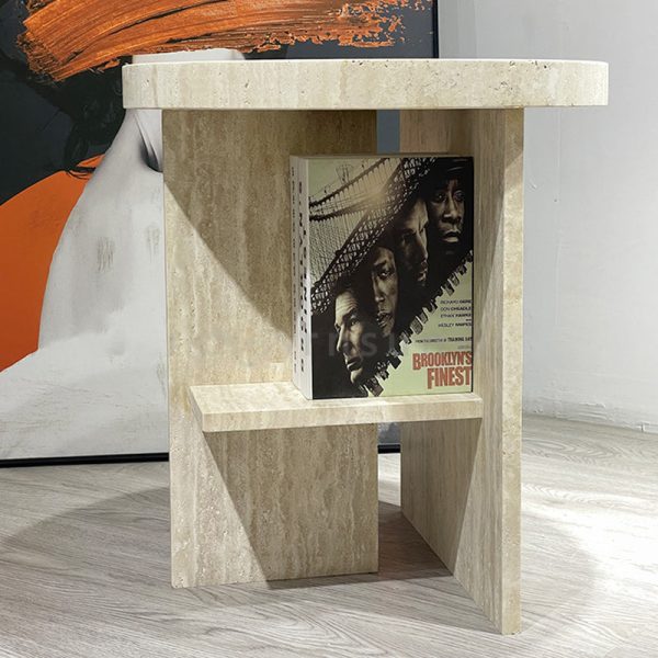 Contemporary Nordic Round Crossed Base Travertine Chrysoprase Side Table 2-Shelf For Bedside - Image 14