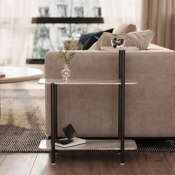 Contemporary Scandinavian Rectangle Rock Panel Steel Side Table 3-Tier For Living Room - Image 10