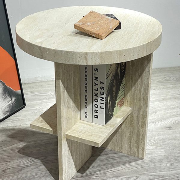 Contemporary Nordic Round Crossed Base Travertine Chrysoprase Side Table 2-Shelf For Bedside - Image 2