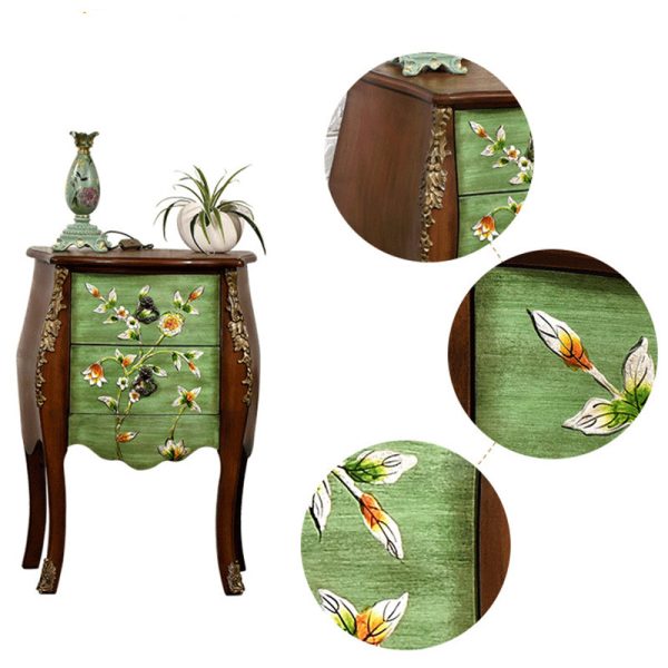 Traditional European Square Round Flower Painted Birch Rubber Wood MDF Metal Side Table 2-Drawer For Living Room - Image 13