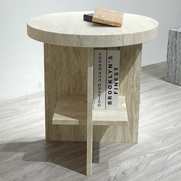Contemporary Nordic Round Crossed Base Travertine Chrysoprase Side Table 2-Shelf For Bedside - Image 3
