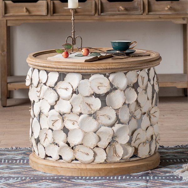 Modern Art Deco Round Petals Wood Iron Coffee Table 1-Tier For Living Room - Image 3
