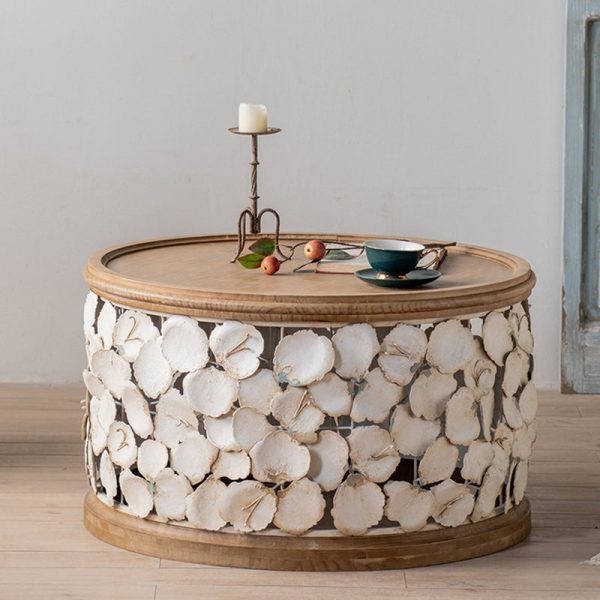 Modern Art Deco Round Petals Wood Iron Coffee Table 1-Tier For Living Room - Image 16