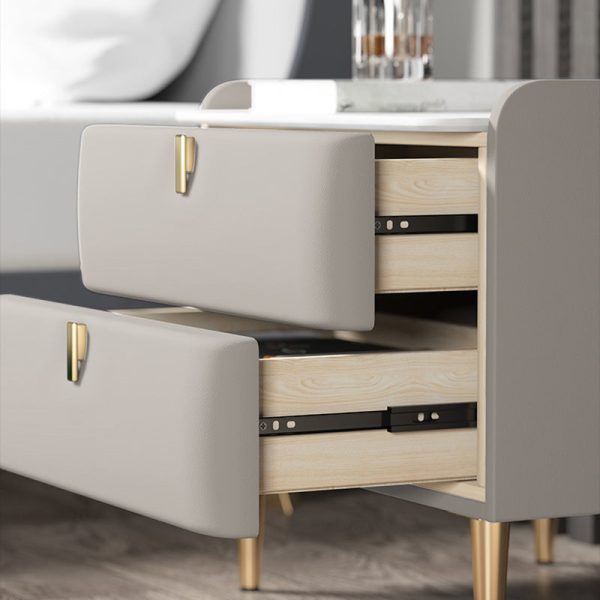 Modern Simplicity Rectangular Slab Leather Pine Wood Carbon Steel Nightstand 2-Drawer For Bedside - Image 15