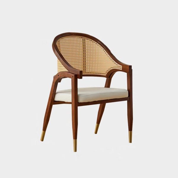 Traditional Vintage Square Upholstered Solid Wood Rattan Linen Dining Chair Backrest Armrest For Dining Room - Image 21