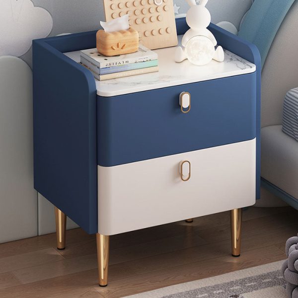 Modern Luxury Rectangular Tabletop Solid Wood Rock Slab Microfiber Leather Nightstand 2-Drawer For Bedroom - Image 2