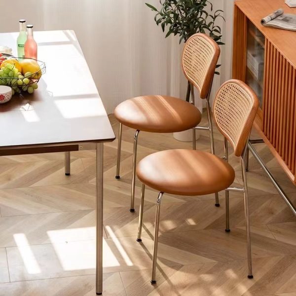 Contemporary Vintage Round Rectangular Solid Wood Metal Leather Dining Chair Backrest For Dining Room - Image 2
