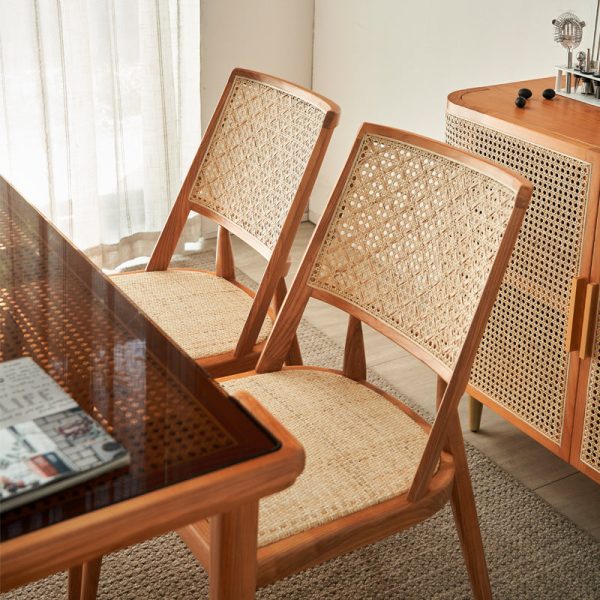 Traditional Vintage Rattan Weaving Wood Frame Dining Chair Backrest For Dining Room - Image 9