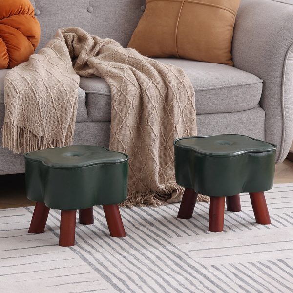 Modern Art Deco Clover Round Oil Wax Leather Solid Wood Footstool Backless Armless For Living Room - Image 2
