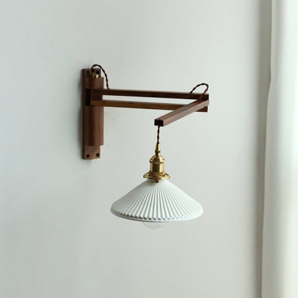 Nordic Milk White Striped Glass Walnut Retractable 1-Light Wall Sconce Lamp - Image 5