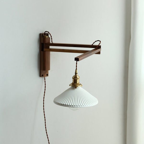 Nordic Milk White Striped Glass Walnut Retractable 1-Light Wall Sconce Lamp - Image 4