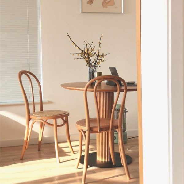 Contemporary Scandinavian Round Rattan Wood Vanity Stool Backrest Armless For Bedroom - Image 11