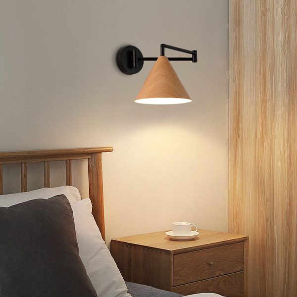 Nordic Minimalist Cone Swing Arm Wood Grain Iron 1-Light Wall Sconce Lamp - Image 4