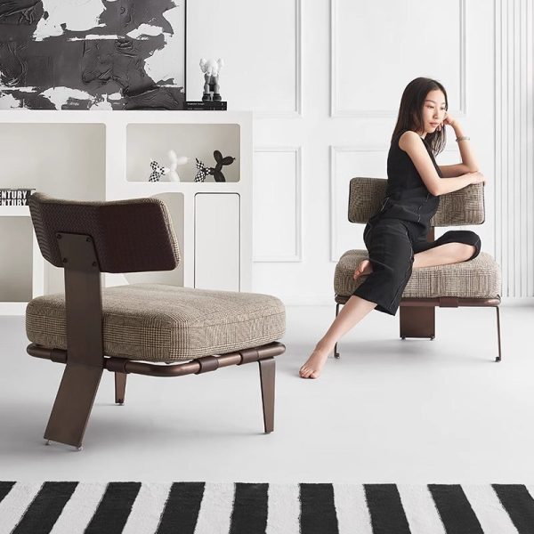 Modern Luxury Rectangular Cushion Cotton Linen Saddle Leather Stainless Steel Accent Chair Backrest For Living Room - Image 15