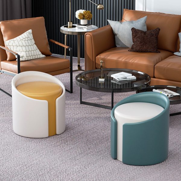 Modern Minimalist Leather Wood Sponge Round Cylinder Footstool Backrest Armless For Entryways - Image 3