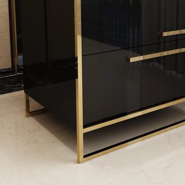 Modern Simplicity Cubic Solid Wood Stainless Steel Frame Nightstand 2-Drawer For Bedroom - Image 5