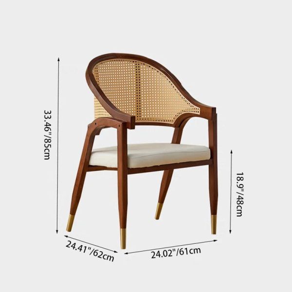 Traditional Vintage Square Upholstered Solid Wood Rattan Linen Dining Chair Backrest Armrest For Dining Room - Image 4