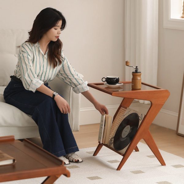 Traditional Japanese Weaving Rattan Glass Cherry Wood Ash Wood Rectangular Side Table 1-Shelf For Living Room - Image 14