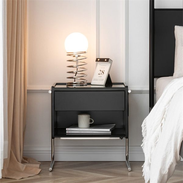 Contemporary Scandinavian Rectangular Solid Wood Stainless Steel Glass Nightstand 1-Drawer For Bedroom - Image 13