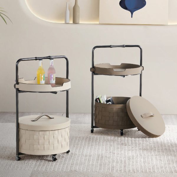 Contemporary Nordic Round Stainless Steel Saddle Leather End Table Movable 2-Tier For Living Room - Image 2
