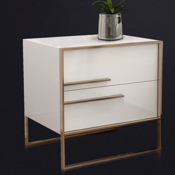 Modern Simplicity Cubic Solid Wood Stainless Steel Frame Nightstand 2-Drawer For Bedroom - Image 15