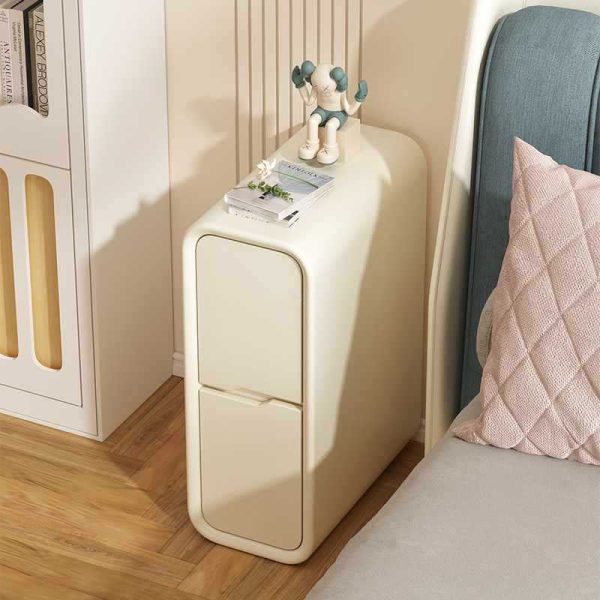 Modern Minimalist Rounded Corner Rectangular Leather Wood Metal Nightstand 2-Drawer For Bedroom - Image 12