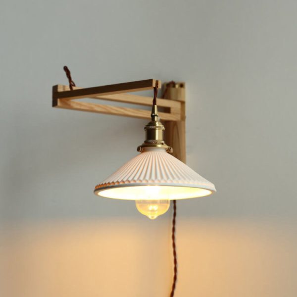 Nordic Milk White Striped Glass Walnut Retractable 1-Light Wall Sconce Lamp - Image 3