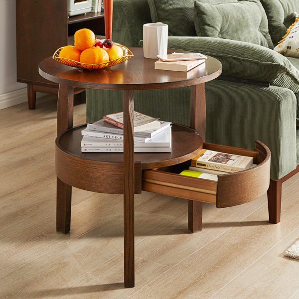 Contemporary Retro Antique Oak Wood Circular End Table 2-Tier Drawer For Living Room - Image 9