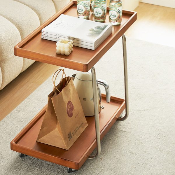 Modern Minimalist Square Wood Metal End Table Two Tier Wheels For Living Room - Image 3