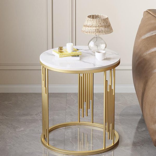 Contemporary Scandinavian Round Cylindrical Rock Slab Carbon Steel End Table For Living Room - Image 10