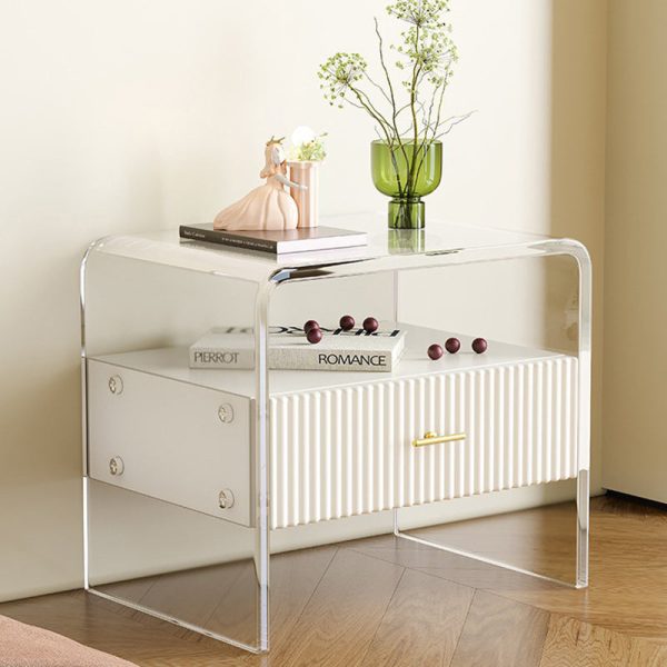 Modern Luxury Rectangular Table Top Acrylic Tempered Glass Solid Wood Nightstand 1-Drawer For Bedroom - Image 11