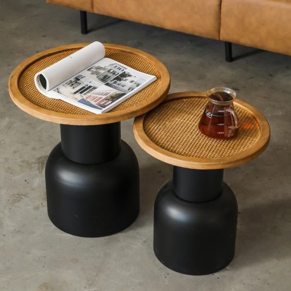 Traditional Vintage Round Cylinder Iron Rattan Wood End Table For Living Room - Image 4