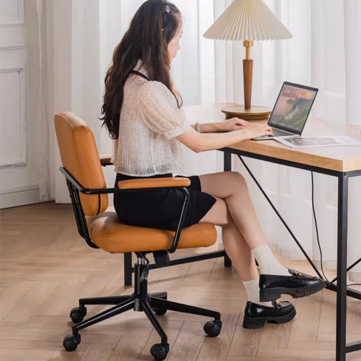 Contemporary Scandinavian Microfiber Leather Fabric Steel Sponge Square Desk Chair Backrest Armrest Adjustable For Home Office - Image 8