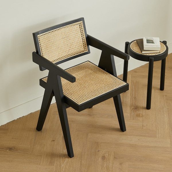 Modern Minimalist Square Solid Wood Rattan Dining Chair Four Legs Backrest Armrest For Dining Room - Image 12