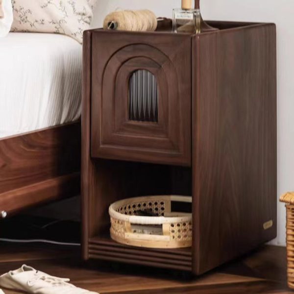 Contemporary Retro Rectangular Arched Door Walnut Glass Nightstand 1-Drawer With Nightlight For Bedside - Image 6