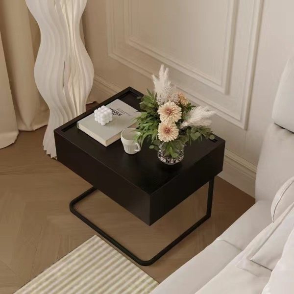 Modern Minimalist Rectangular Solid Wood Iron Nightstand 1-Drawer For Bedroom - Image 11