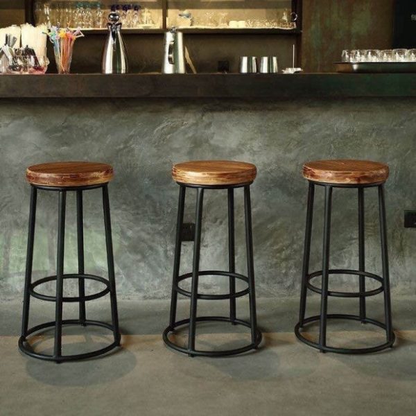 Contemporary Industrial Round Solid Wood Iron Frame Bar Stool Backless Footrest For Dining Room - Image 10