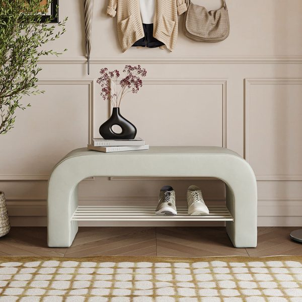 Modern Minimalist Long Rectangle Lambswool PU Leather Iron Storage Bench 1-Shelf For Entryways - Image 13