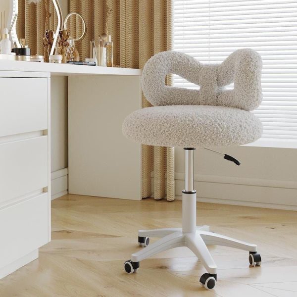 Modern Art Deco Butterfly Knot Round Lambswool Leather Metal Vanity Stool Backrest Armless For Bedroom - Image 16