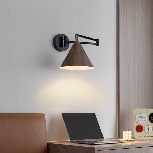 Nordic Minimalist Cone Swing Arm Wood Grain Iron 1-Light Wall Sconce Lamp - Image 12