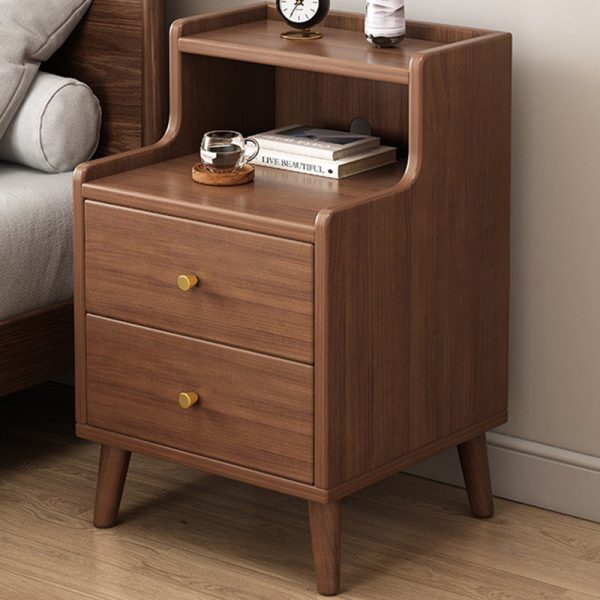 Traditional Chinese Rectangular Wood Density Panel Nightstand 2-Drawer Shelf For Bedroom - Image 2