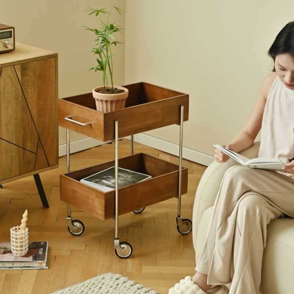 Contemporary Retro Rectangular Wood Stainless Steel Side Table 2-Tier Movable For Living Room - Image 9