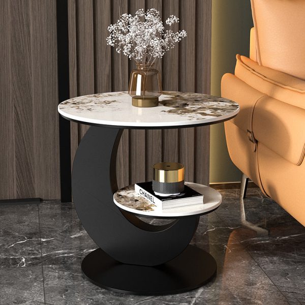 Modern Luxury Round Crescent Moon Frame Slab Carbon Steel End Table 2-Tray For Living Room - Image 22