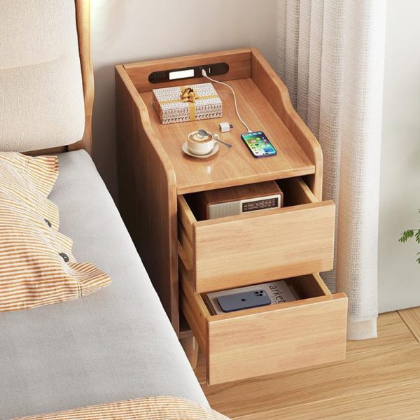 Modern Minimalist Rectangular Rubber Wood Nightstand 2-Drawer Sensor Light USB Charging For Bedroom - Image 8