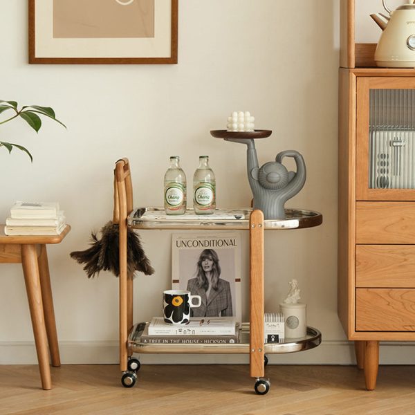Modern Minimalist Square Wood Glass End Table Two Tier Trolley Swivel For Living Room - Image 21
