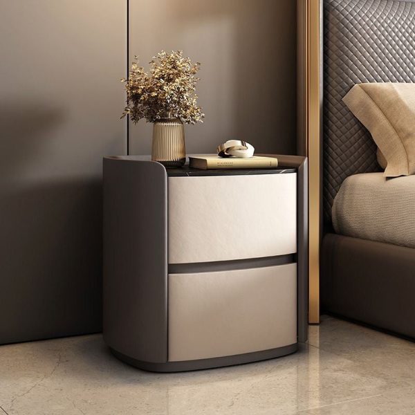 Modern Simplicity Elliptical Slab Microfiber Leather Wood Nightstand 2-Drawer For Bedside - Image 7